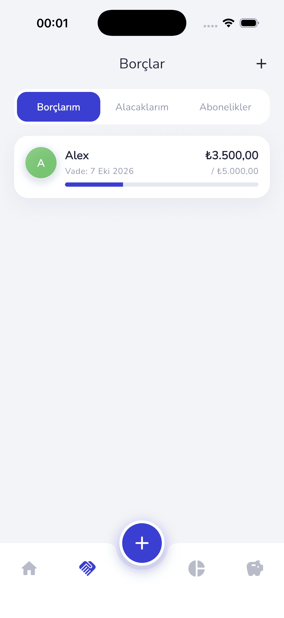 Monibox debts screen showing money owed with a due date