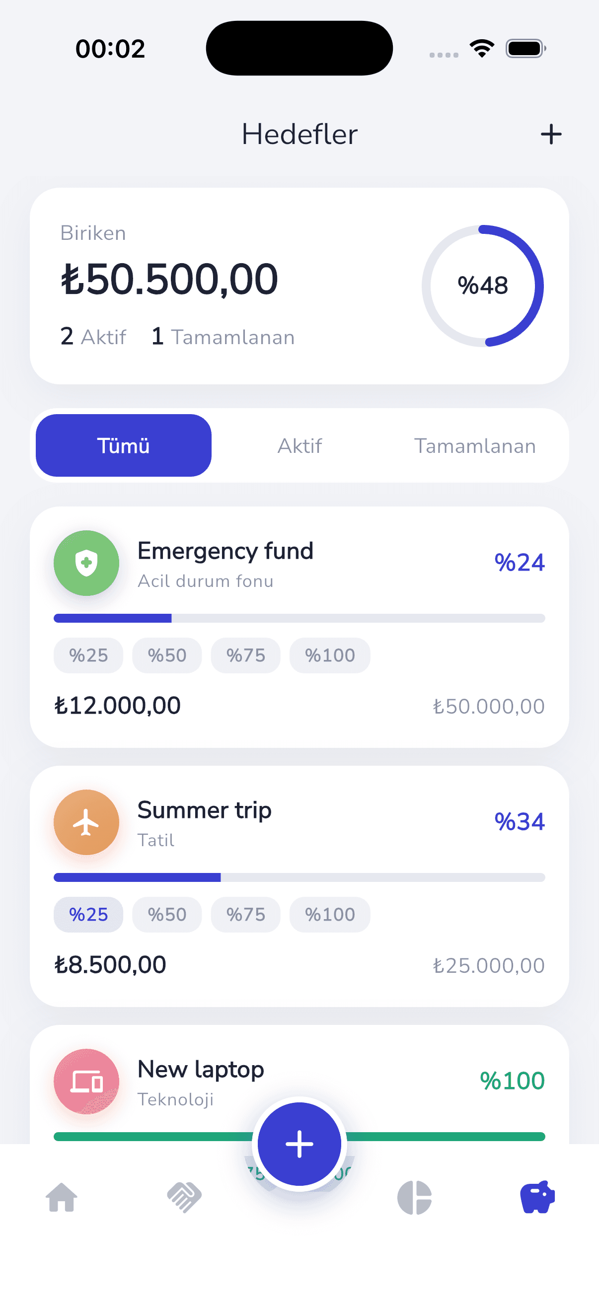 Monibox savings goals screen